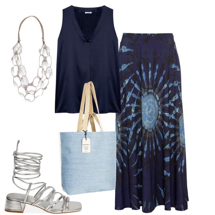 Outfit donna - City. Stile Casual chic per Tutti i giorni. Abbinamento con gonne, borse tote, sandali col tacco, top, collane.
