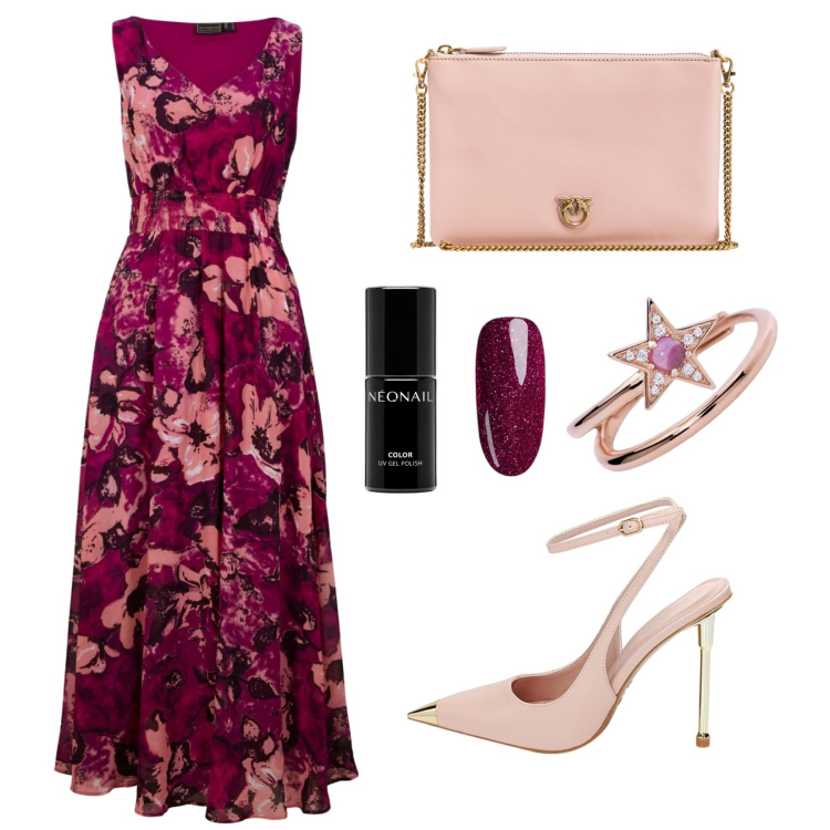 Outfit donna - Serata speciale. Stile Chic per Serata fuori. Abbinamento con vestiti lunghi, smalti, anelli, borse a tracolla, décolleté.
