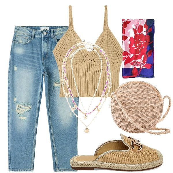 Outfit donna - Total look #1872676. Stile Boho per Tutti i giorni. Abbinamento con ciondoli, borse a tracolla, jeans mom, top, sabot, foulard.