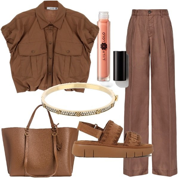 Outfit donna - Tanti Auguri Mamma!. Stile Glamour per Serata fuori. Abbinamento con gloss, pantaloni, shopping bag, camicie, sandali, braccialetti.