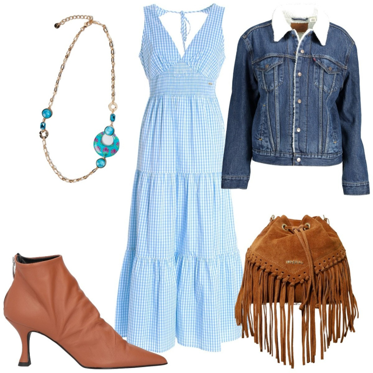 Outfit donna - Primavera boho. Stile Boho per Tutti i giorni. Abbinamento con stivaletti, borse a secchiello, vestiti lunghi, blazer, ciondoli.