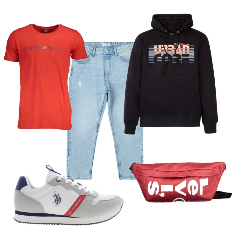Outfit uomo - Total look #1872728. Stile Casual per Tutti i giorni. Abbinamento con felpe con cappuccio, jeans strappati, borse sportive, t-shirt, scarpe sportive.