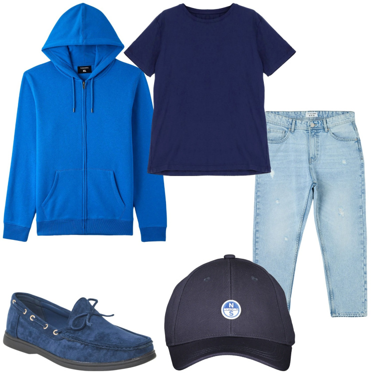 Outfit uomo - In blu come mi piace. Stile Casual per Tutti i giorni. Abbinamento con jeans strappati, scarpe stringate, felpe con cappuccio, t-shirt, cappelli con visiera.