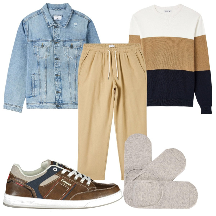 Outfit uomo - Trendy con il giubbino in denim. Stile Casual per Tutti i giorni. Abbinamento con giacche, pantaloni, maglieria, calzini, scarpe sportive.