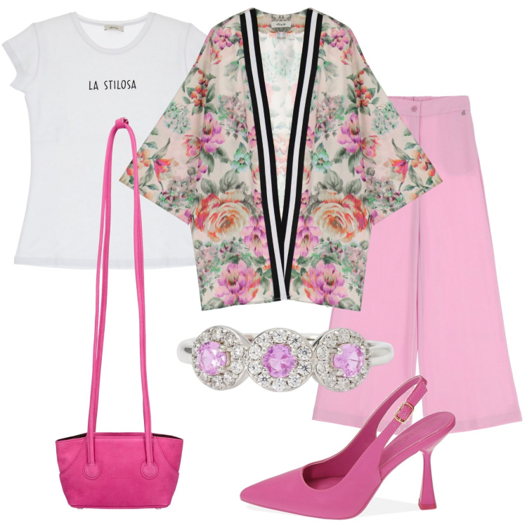 Outfit donna - La stilosa. Stile Vintage retrò per Cerimonia. Abbinamento con anelli, décolleté, pantaloni, blazer, t-shirt, shopping bag.