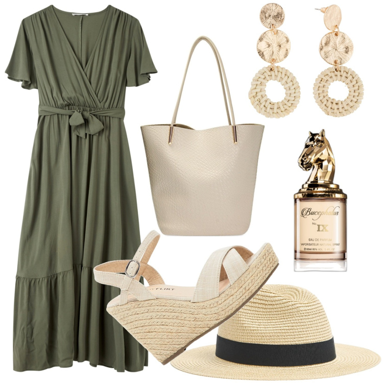 Outfit donna - Passeggiata su lungo mare. Stile Casual per Mare. Abbinamento con sandali, orecchini, profumi, cappelli, vestiti lunghi, borse a spalla.
