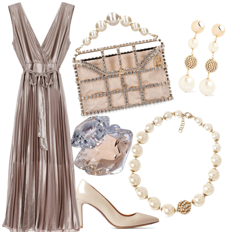 Outfit donna - Eleganza e raffinatezza. Stile Glamour per Cerimonia. Abbinamento con profumi, vestiti midi/longuette, décolleté, collane, pochette, orecchini.