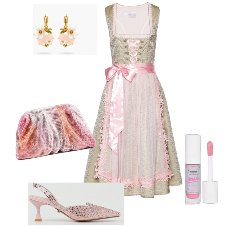 Outfit donna - Andiamo a ballare. Stile Chic per Serata fuori. Abbinamento con vestiti, orecchini, gloss, pochette, scarpe col tacco.