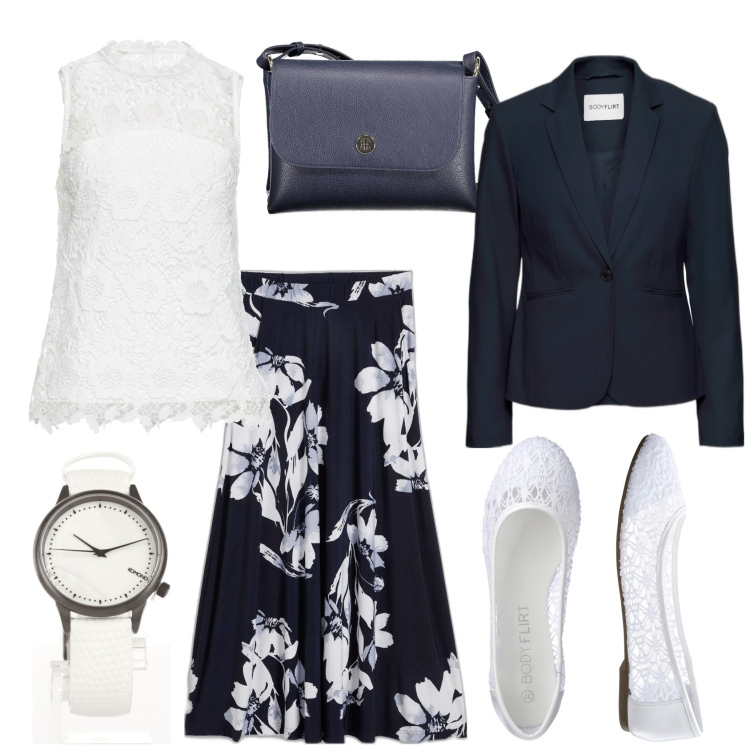 Outfit donna - Ufficio brillante. Stile Urban per Ufficio. Abbinamento con ballerine, blazer, gonne, top, orologi, borse a spalla.