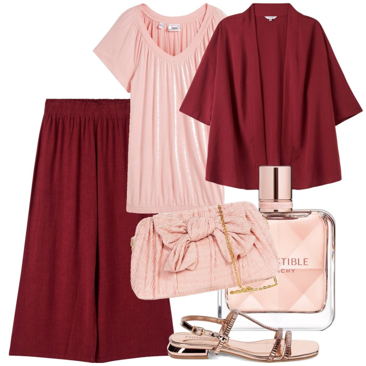 Outfit donna - Rosa + Bordeaux. Stile Casual chic per Serata fuori. Abbinamento con t-shirt, profumi, kimono, pantaloni, pochette, sandali gioiello.