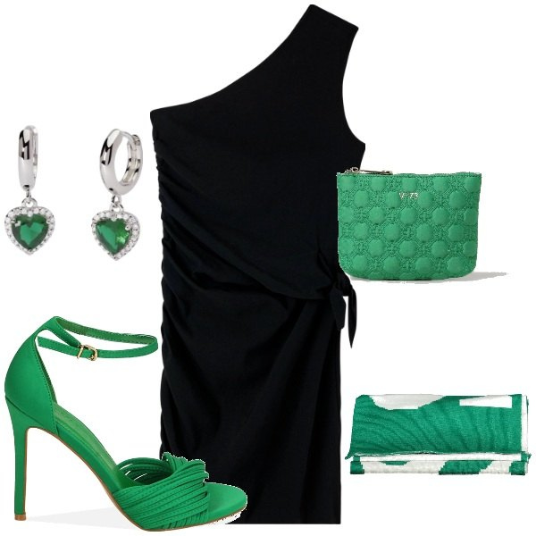 Outfit donna - Accessori verdi. Stile Glamour per Serata fuori. Abbinamento con vestiti asimmetrici, orecchini, sandali col tacco, sciarpe, clutch.