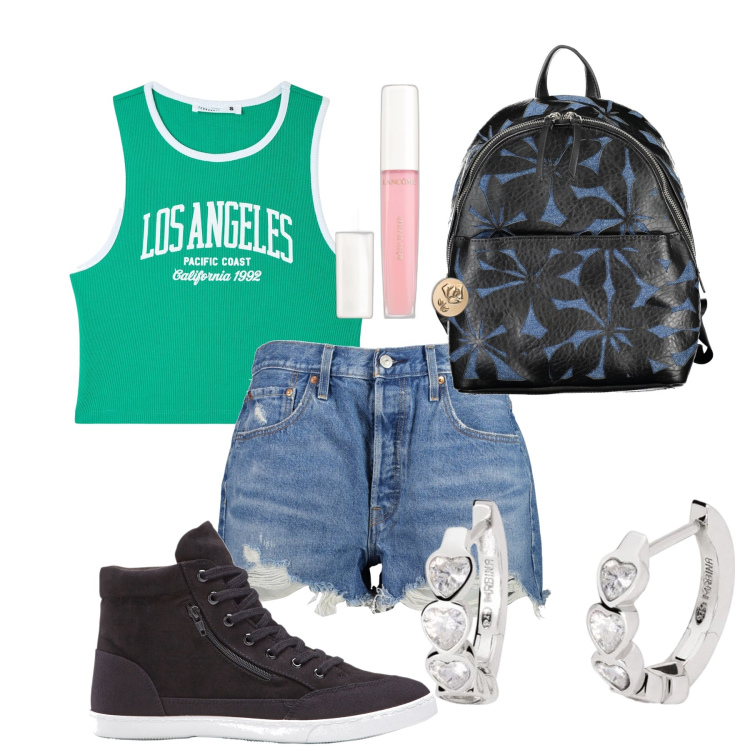 Outfit donna - Top e pantaloncini. Stile Casual per Tutti i giorni. Abbinamento con sneakers alte, gloss, canottiere, orecchini, zaini, jeans strappati.