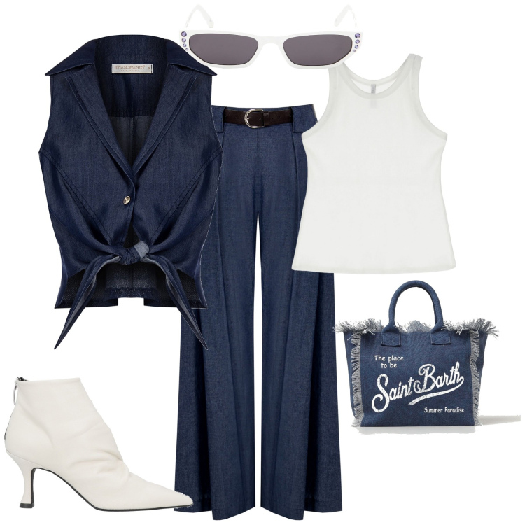 Outfit donna - Trendy per il week end. Stile Trendy per Tutti i giorni. Abbinamento con stivaletti, pantaloni a palazzo, gilet, canottiere, borse tote, occhiali da sole.