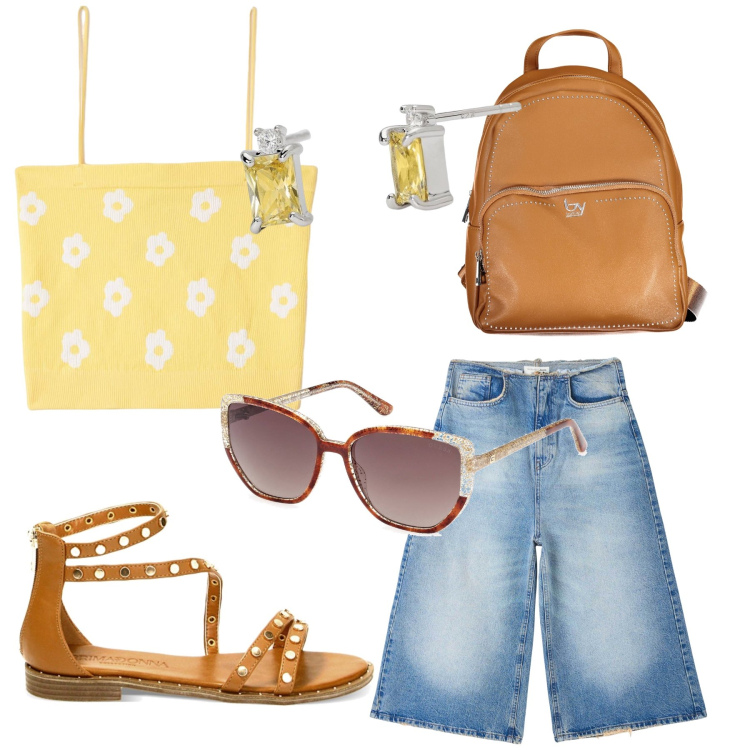 Outfit donna - M’ama o non m’ama. Stile Urban per Tutti i giorni. Abbinamento con jeans, top, orecchini, sandali, zaini, occhiali da sole.