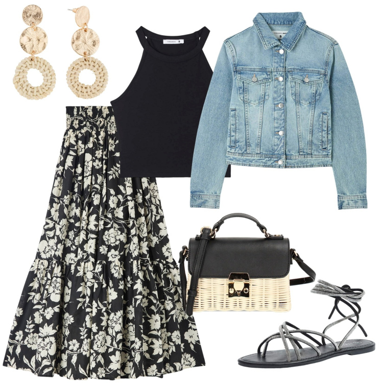Outfit donna - Gipsy. Stile Etnico per Serata fuori. Abbinamento con orecchini, gonne lunghe, sandali alla schiava, canottiere, blazer, borse a tracolla.