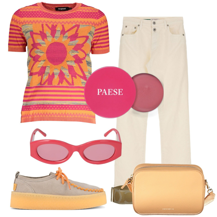 Outfit donna - Colore. Stile Trendy per Tutti i giorni. Abbinamento con blush, jeans dritti, maglieria, occhiali da sole, borse a tracolla, mocassini.