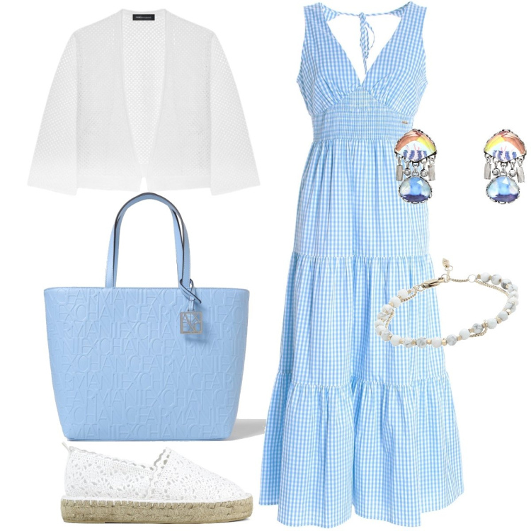 Outfit donna - Total look #1872840. Stile Boho per Tutti i giorni. Abbinamento con orecchini, braccialetti, vestiti lunghi, espadrillas, borse tote, cardigans.