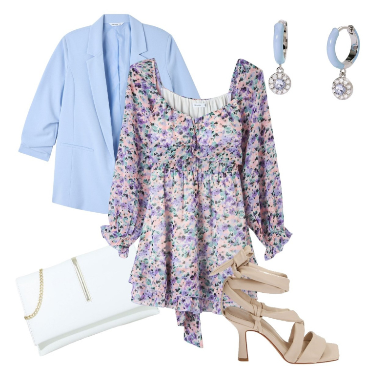 Outfit donna - Il vestitino bohémien. Stile Boho per Cerimonia. Abbinamento con vestiti corti, blazer, orecchini, pochette, sandali col tacco.