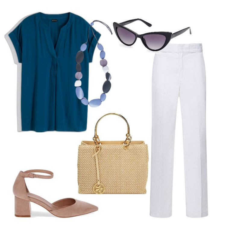 Outfit donna - Primavera. Stile Casual chic per Ufficio. Abbinamento con bluse, collane, décolleté, borse a mano, pantaloni, occhiali da sole.