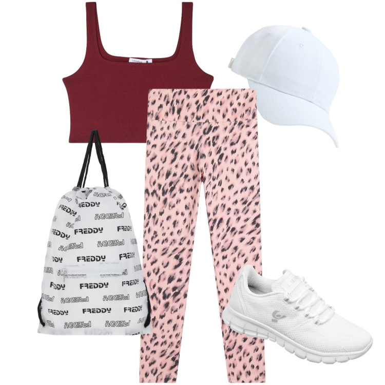 Outfit donna - I leggins leopardati. Stile Sporty chic per Sport. Abbinamento con cappelli, reggiseni, sneakers, pantaloni, zaini.