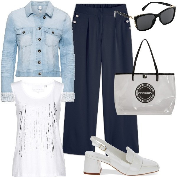 Outfit donna - trendy vita alta. Stile Trendy per Tutti i giorni. Abbinamento con blazer, pantaloni, top, occhiali da sole, shopping bag, mocassini.