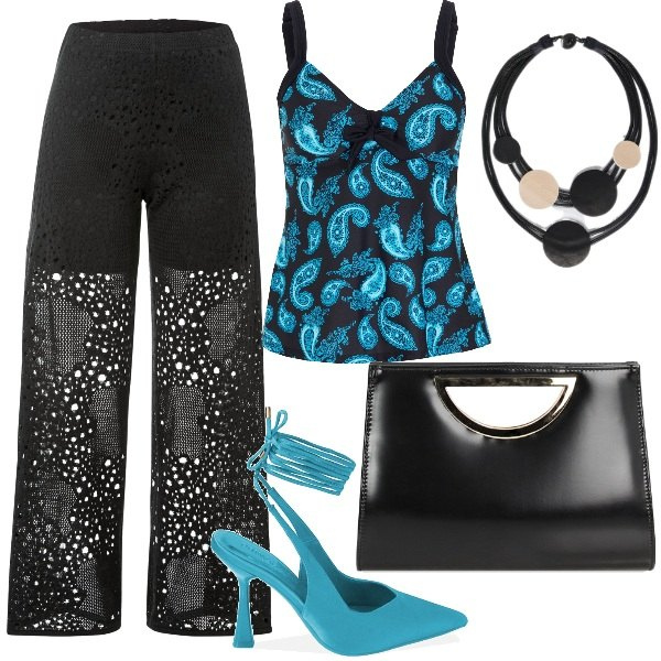 Outfit donna - turchese e pizzo. Stile Glamour per Serata fuori. Abbinamento con pantaloni, top, décolleté, pochette, collane.