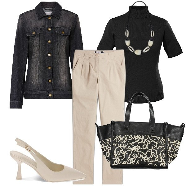 Outfit donna - prima l\'ufficio poi la spesa. Stile Casual per Tutti i giorni. Abbinamento con maglieria, pantaloni chino, blazer, décolleté, collane, collane.