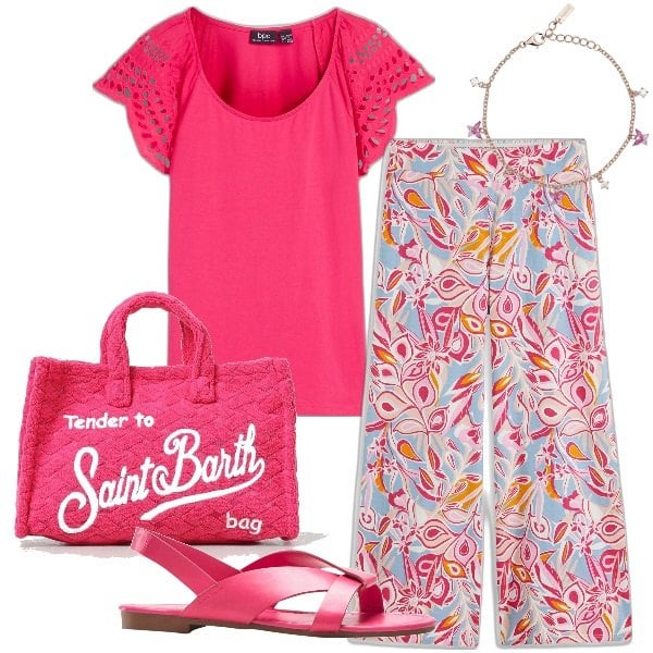 Outfit donna - estate in tinta. Stile Trendy per Tutti i giorni. Abbinamento con maglieria, pantaloni a palazzo, sandali, braccialetti, borse a mano.