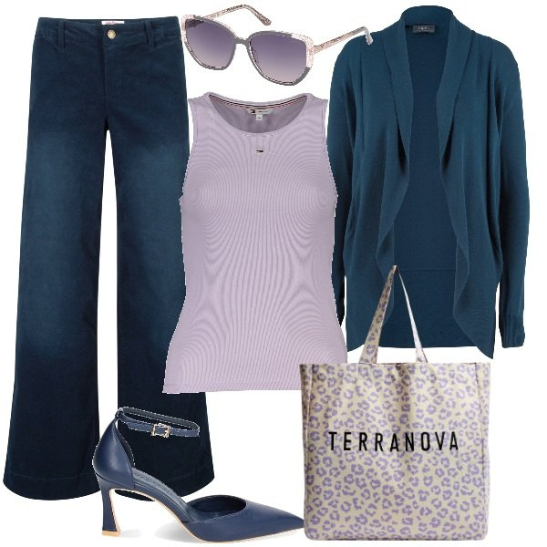 Outfit donna - my comfy look. Stile Casual per Tutti i giorni. Abbinamento con pantaloni, cardigans, shopping bag, décolleté, canottiere, occhiali da sole.