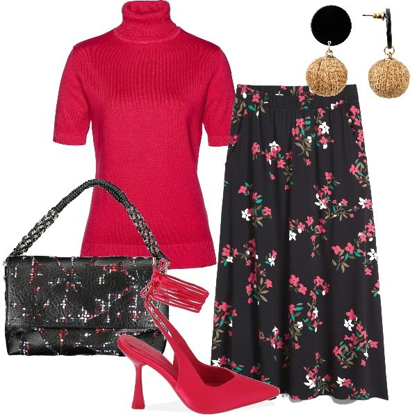 Outfit donna - una gonna per la primavera. Stile Casual per Tutti i giorni. Abbinamento con orecchini, maglieria, gonne, décolleté, borse a spalla.