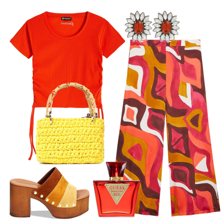 Outfit donna - Auguri carissima mamma...tvb. Stile Casual chic per Cerimonia. Abbinamento con profumi, t-shirt, zoccoli, pantaloni a palazzo, pochette, orecchini.