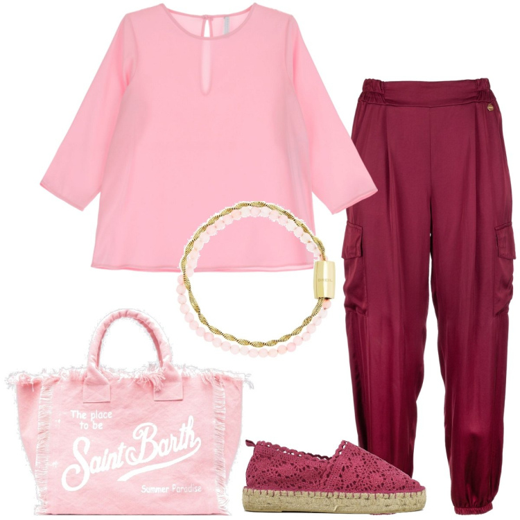 Outfit donna - Total look #1872919. Stile Casual per Tutti i giorni. Abbinamento con braccialetti, bluse, pantaloni cargo, espadrillas, borse a spalla.