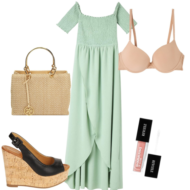 Outfit donna - Sera d estate. Stile Glamour per Serata fuori. Abbinamento con gloss, vestiti lunghi, reggiseni, borse a mano, zeppe.