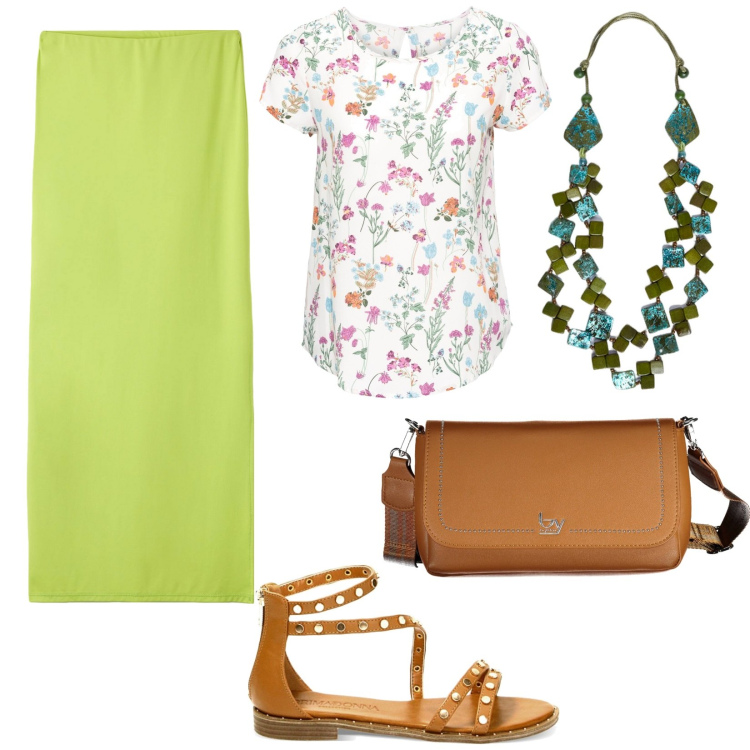 Outfit donna - Auguri mamma. Stile Basic per Tutti i giorni. Abbinamento con bluse, gonne lunghe, sandali, borse a spalla, collane.