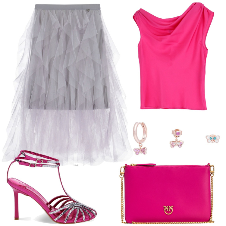 Outfit donna - Met gala. Stile Glamour per Serata fuori. Abbinamento con orecchini, borse a tracolla, canottiere, sandali gioiello, gonne longuette.