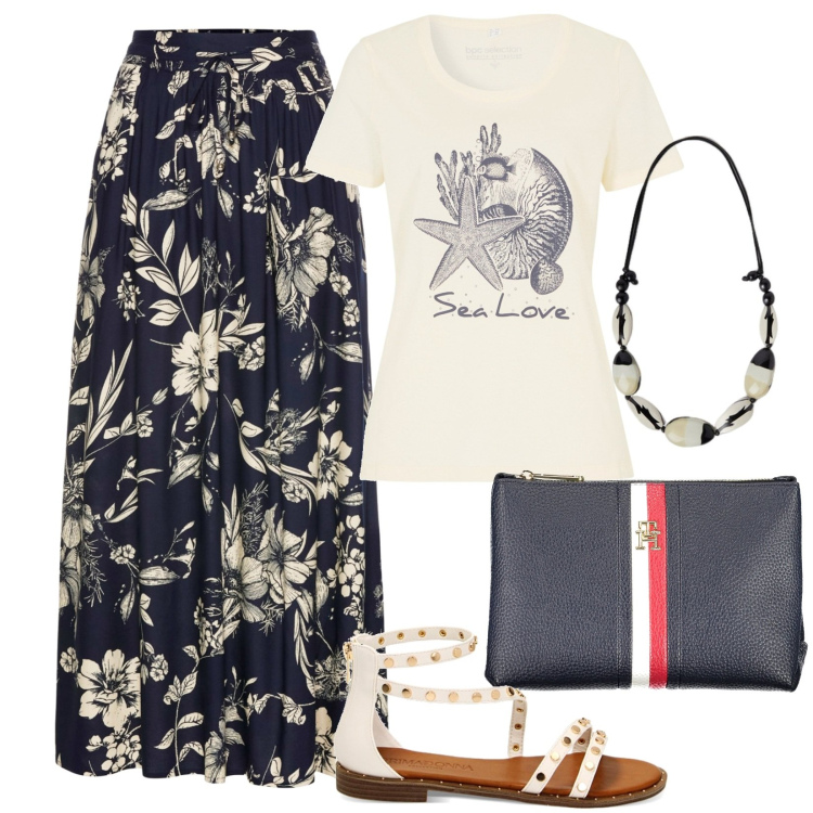 Outfit donna - sea love. Stile Basic per Tutti i giorni. Abbinamento con gonne lunghe, t-shirt, sandali, pochette, collane.