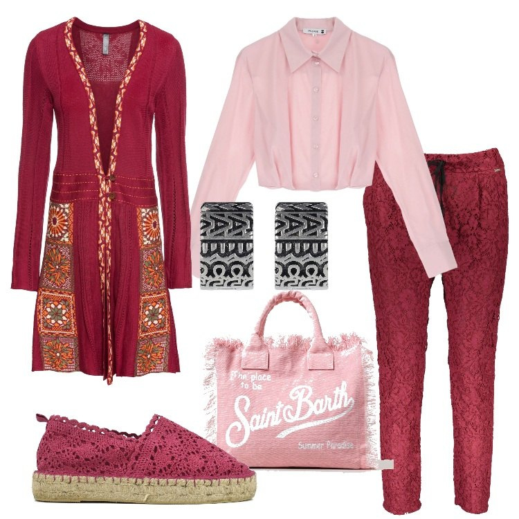 Outfit donna - Rosa + bordeaux. Stile Etnico per Tutti i giorni. Abbinamento con cardigans, camicie, espadrillas, pantaloni, borse tote, orecchini.