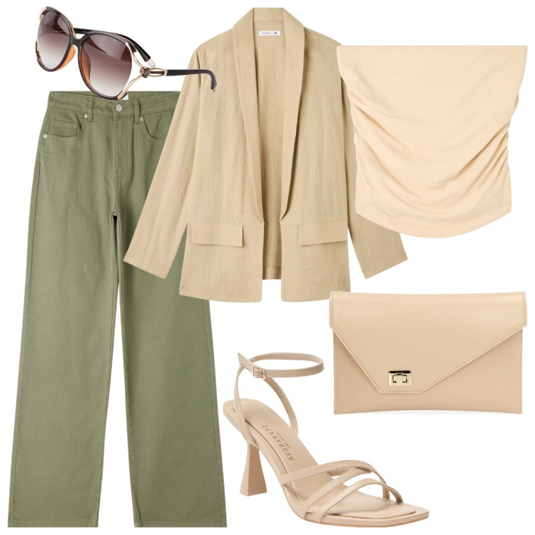 Outfit donna - Il top color crema. Stile Casual chic per Tutti i giorni. Abbinamento con occhiali da sole, top, pantaloni, sandali col tacco, blazer, pochette.