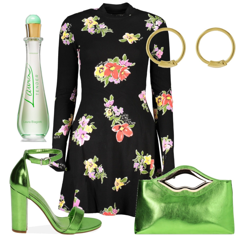 Outfit donna - qualcosa di verde. Stile Casual per Serata fuori. Abbinamento con profumi, sandali col tacco, pochette, vestiti corti, orecchini.