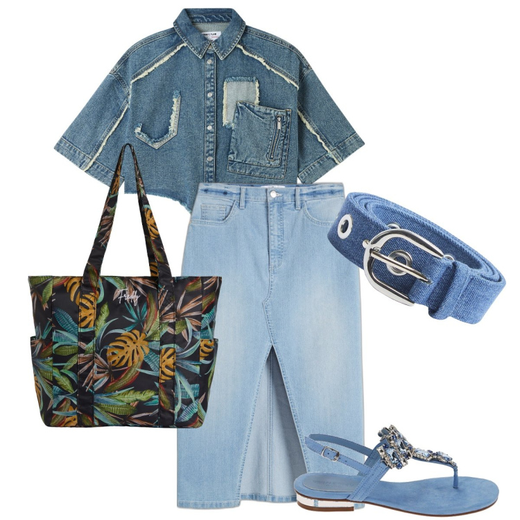 Outfit donna - Completo denim. Stile Basic per Tutti i giorni. Abbinamento con gonne longuette, camicie a manica corta, cinture, shopping bag, ciabatte.