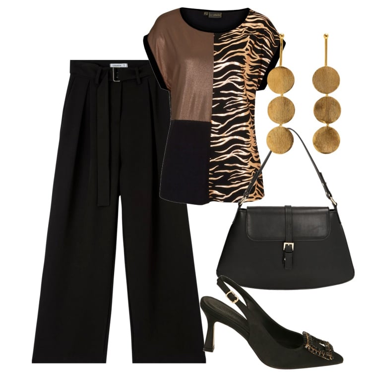 Outfit donna - City. Stile Casual chic per Serata fuori. Abbinamento con maglieria, pantaloni, borse a spalla, décolleté, orecchini.