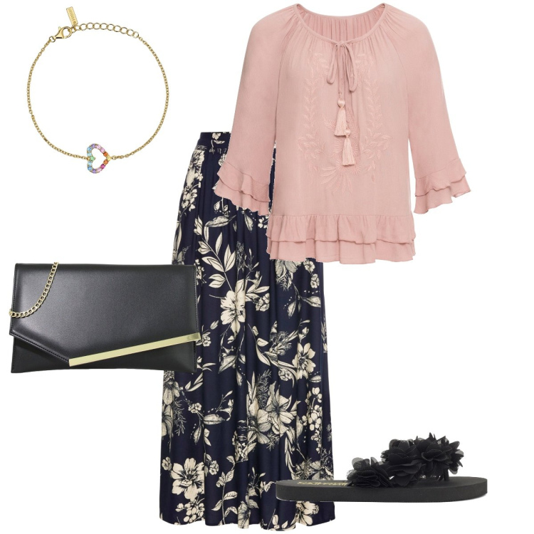 Outfit donna - Elegante con le ciabattine. Stile Bon Ton per Serata fuori. Abbinamento con tuniche, gonne lunghe, braccialetti, pochette, infradito.