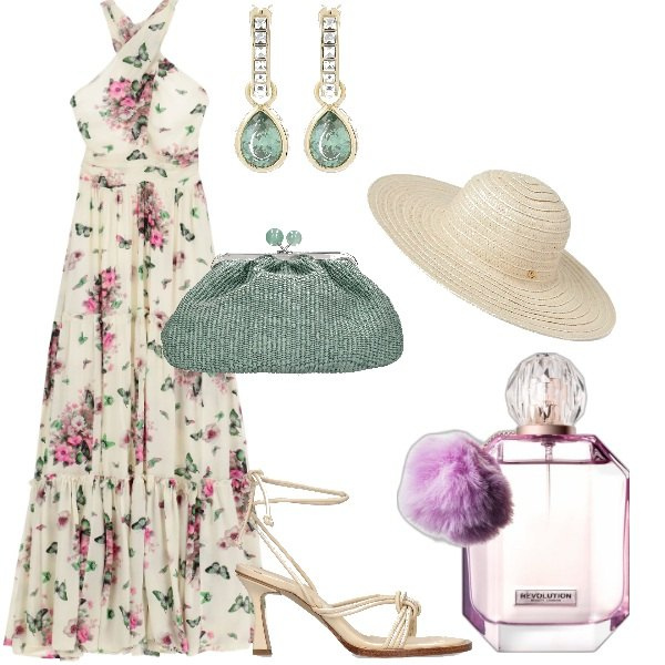 Outfit donna - Eleganza e raffinatezza senza tempo. Stile Romantica per Serata fuori. Abbinamento con profumi, vestiti lunghi, cappelli, pochette, sandali in pelle, orecchini.