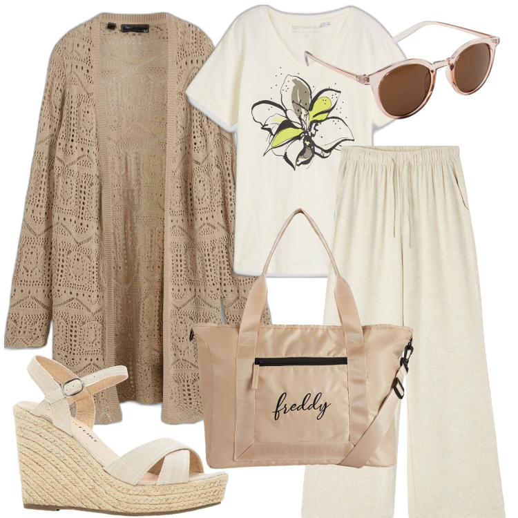 Outfit donna - comoda in città. Stile Casual per Tutti i giorni. Abbinamento con cardigans, sandali, occhiali da sole, t-shirt, pantaloni, borse tote.