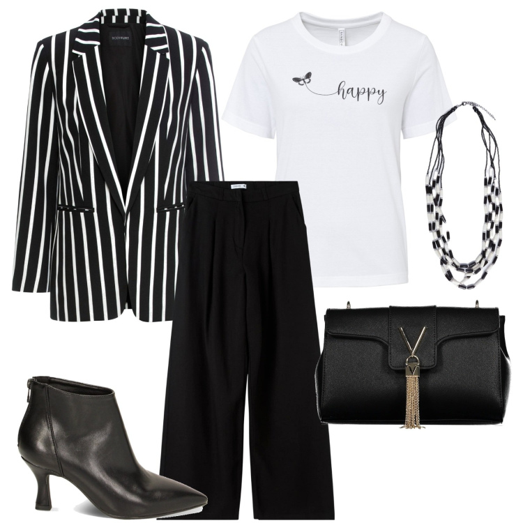 Outfit donna - Ufficio trendy. Stile Trendy per Ufficio. Abbinamento con t-shirt, blazer, pantaloni, stivaletti, borse a tracolla, collane.