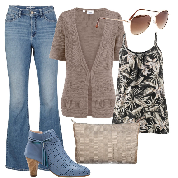 Outfit donna - Blu e sabbia. Stile Casual per Tutti i giorni. Abbinamento con top, occhiali da sole, cardigans, jeans bootcut, stivaletti, pochette.