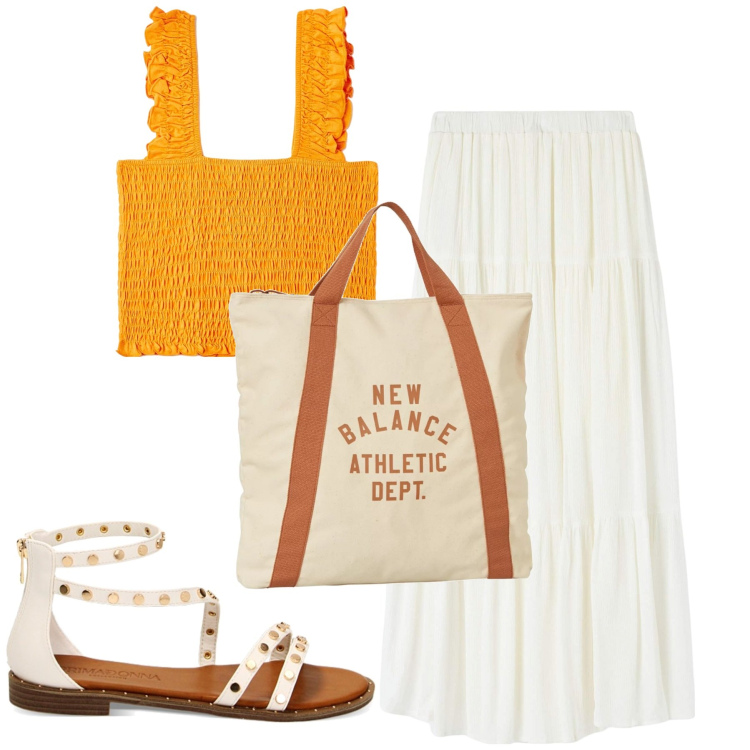 Outfit donna - Fresca d\'estate. Stile Glamour per Tutti i giorni. Abbinamento con top, gonne lunghe, borse a mano, sandali.