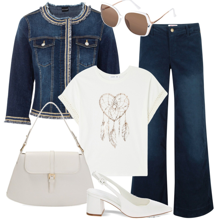 Outfit donna - Flare e sling back. Stile Trendy per Tutti i giorni. Abbinamento con pantaloni, blazer, occhiali da sole, t-shirt, décolleté, borse a spalla.