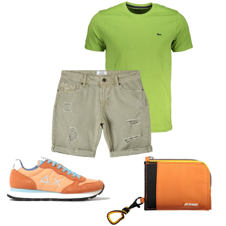 Outfit uomo - Colori vivaci. Stile Casual per Tutti i giorni. Abbinamento con bermuda, t-shirt, sneakers, portafogli.