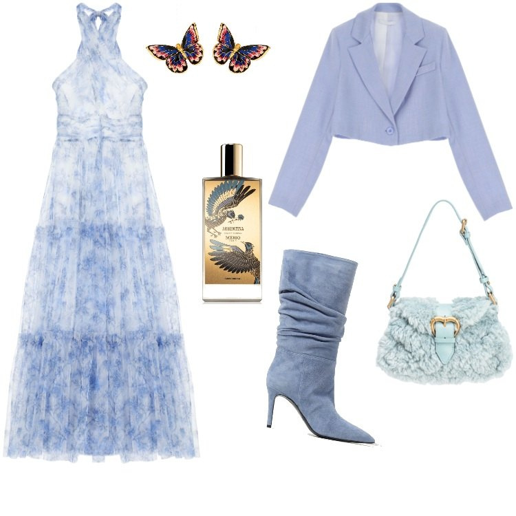 Outfit donna - Total look #1873027. Stile Boho per Cerimonia. Abbinamento con orecchini, profumi, borse a spalla, vestiti lunghi, blazer, stivali.